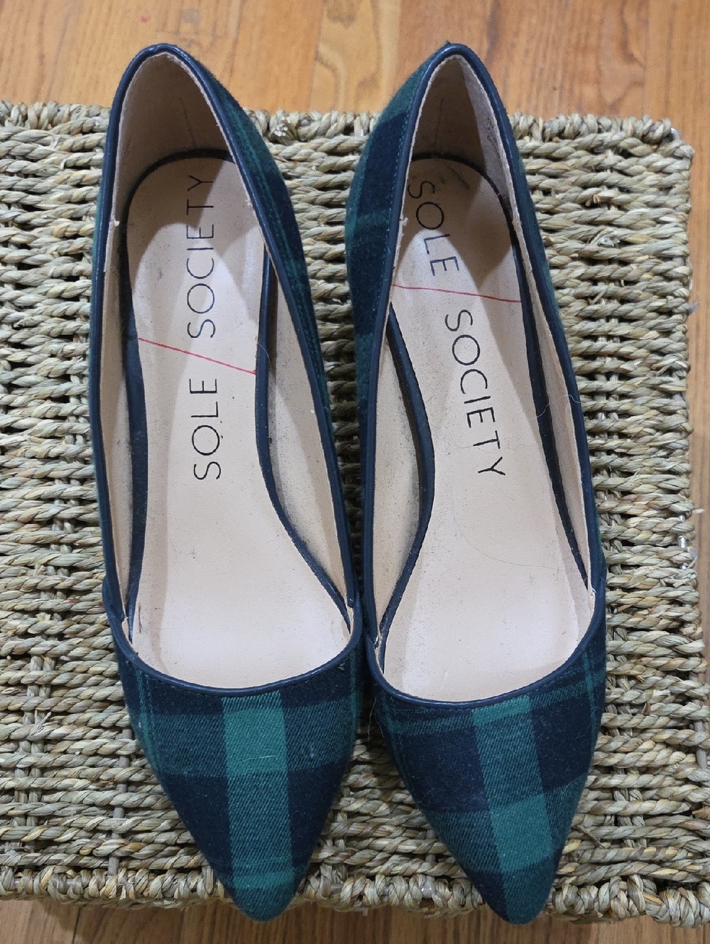 Sole Society Green and Black Plaid Pointed Flats